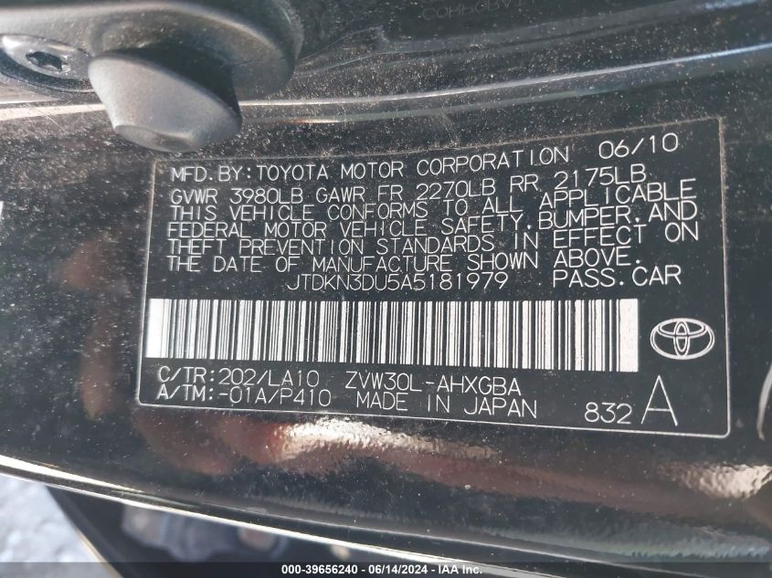 2010 Toyota Prius Iv VIN: JTDKN3DU5A5181979 Lot: 39656240