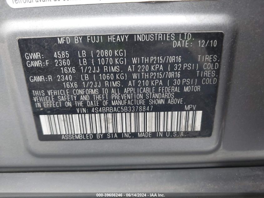 2011 Subaru Outback 2.5I VIN: 4S4BRBAC5B3378847 Lot: 39656246