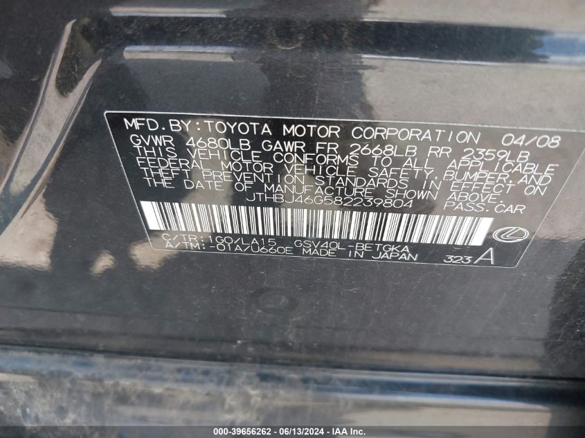 2008 Lexus Es 350 VIN: JTHBJ46G582239804 Lot: 39656262