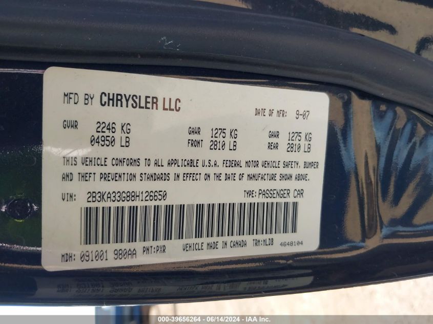 2008 Dodge Charger Sxt VIN: 2B3KA33G88H126650 Lot: 39656264