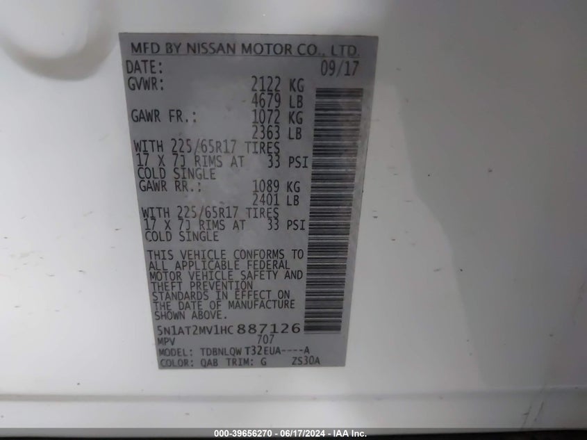 2017 Nissan Rogue Sv VIN: 5N1AT2MV1HC887126 Lot: 39656270