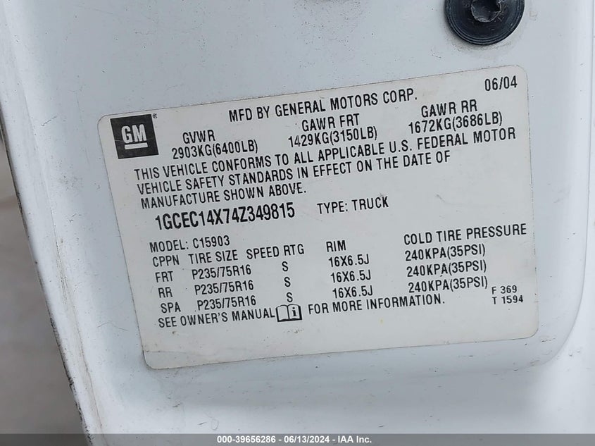 2004 Chevrolet Silverado 1500 Work Truck VIN: 1GCEC14X74Z349815 Lot: 39656286