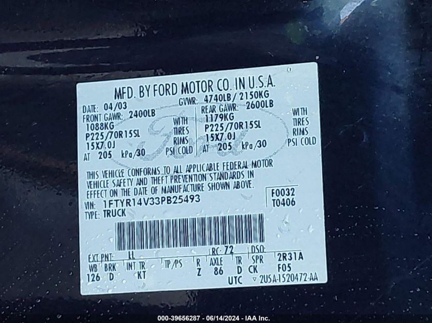 2003 Ford Ranger Edge/Tremor/Xl/Xlt VIN: 1FTYR14V33PB25493 Lot: 39656287