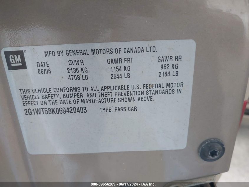 2006 Chevrolet Impala Lt VIN: 2G1WT58K069420403 Lot: 39656289