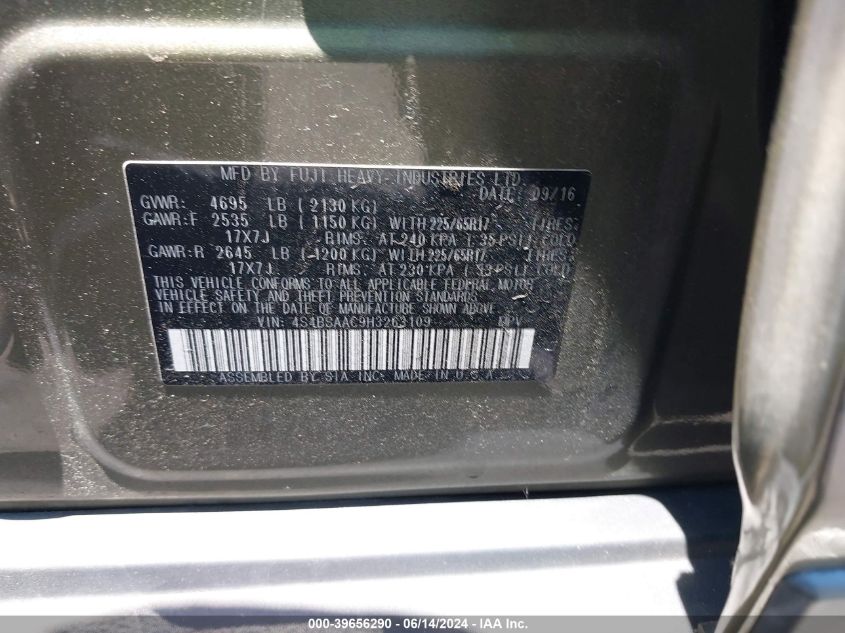 2017 Subaru Outback 2.5I VIN: 4S4BSAAC9H3263109 Lot: 39656290