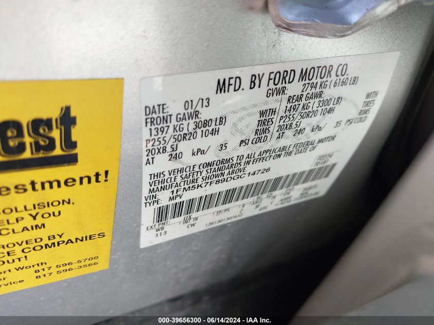 2013 Ford Explorer Limited VIN: 1FM5K7F89DGC14726 Lot: 39656300