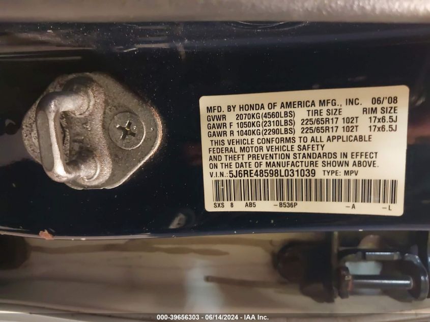 2008 Honda Cr-V Ex VIN: 5J6RE48598L031039 Lot: 39656303