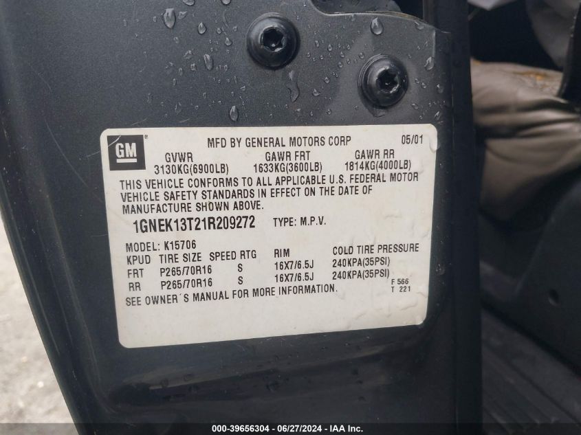 2001 Chevrolet Tahoe K1500 VIN: 1GNEK13T21R209272 Lot: 39656304