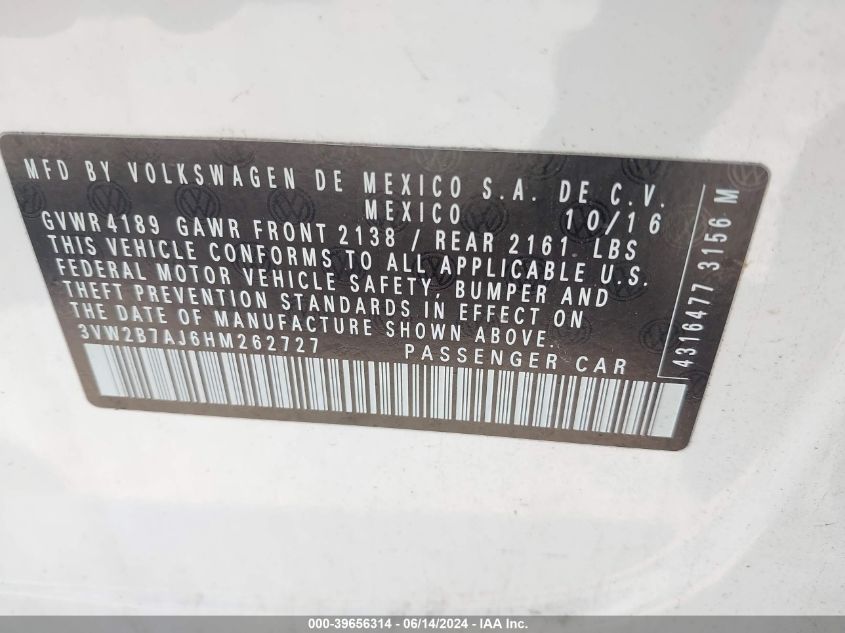 2017 Volkswagen Jetta 1.4T S VIN: 3VW2B7AJ6HM262727 Lot: 39656314
