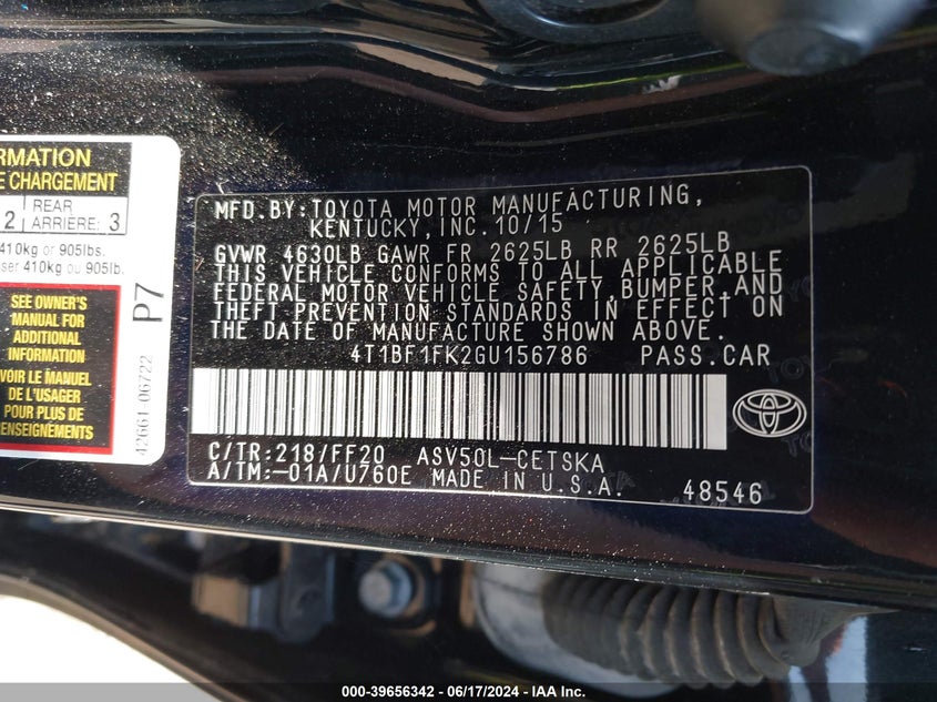 2016 Toyota Camry Se VIN: 4T1BF1FK2GU156786 Lot: 39656342