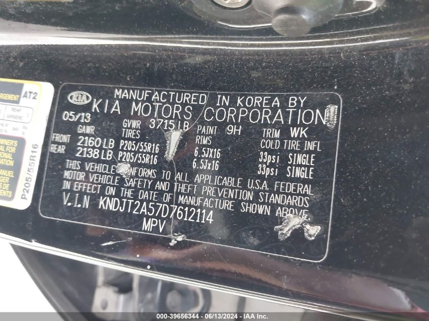 2013 Kia Soul VIN: KNDJT2A57D7612114 Lot: 39656344