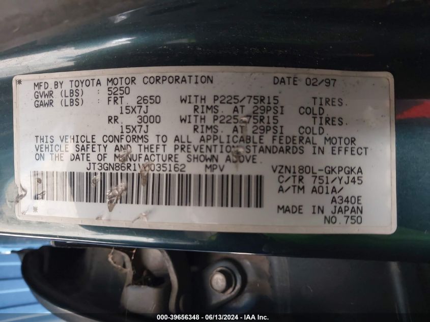 1997 Toyota 4Runner Sr5 V6 VIN: JT3GN86R1V0035162 Lot: 39656348