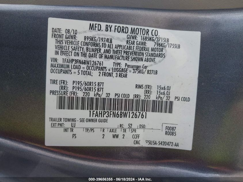 2011 Ford Focus Se VIN: 1FAHP3FN6BW126761 Lot: 39656355