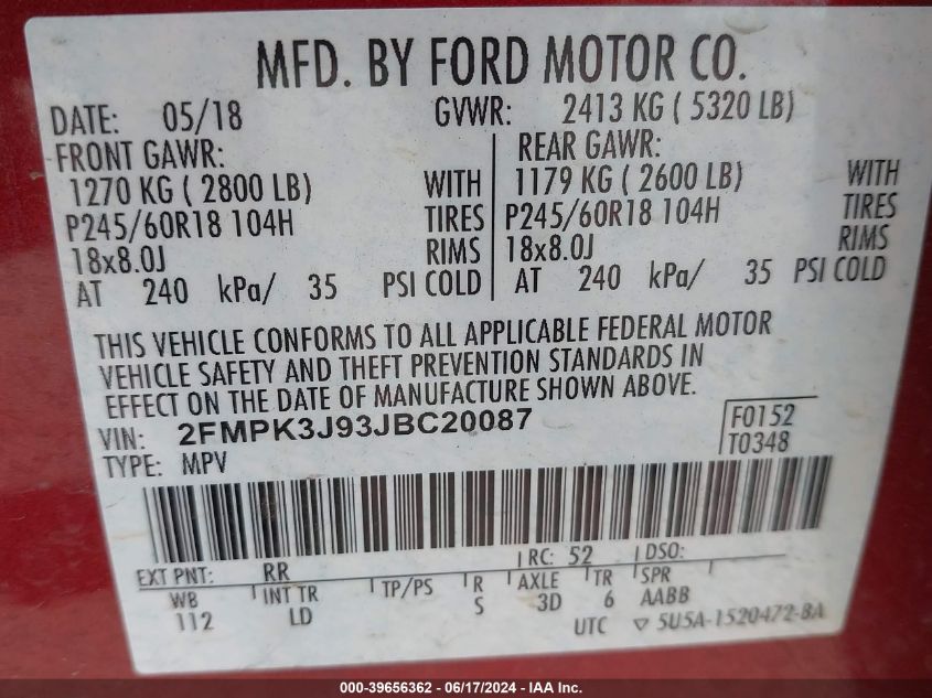 2018 Ford Edge Sel VIN: 2FMPK3J93JBC20087 Lot: 39656362