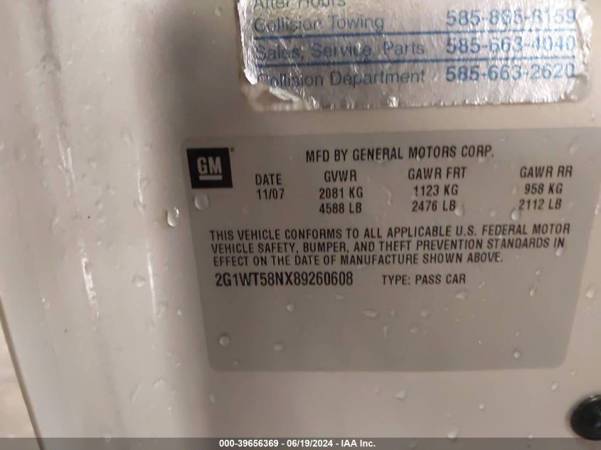2008 Chevrolet Impala Lt VIN: 2G1WT58NX89260608 Lot: 39656369