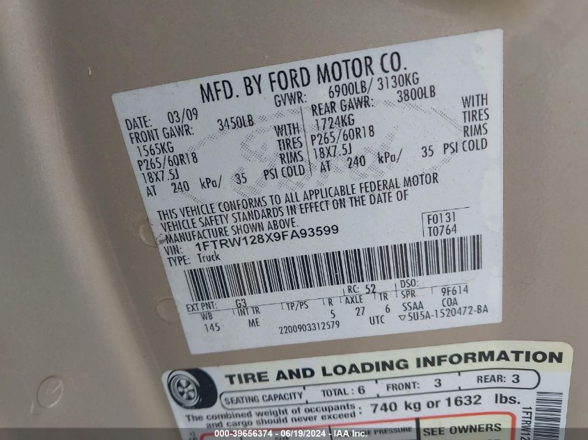 2009 Ford F-150 Xl/Xlt VIN: 1FTRW128X9FA93599 Lot: 39656374