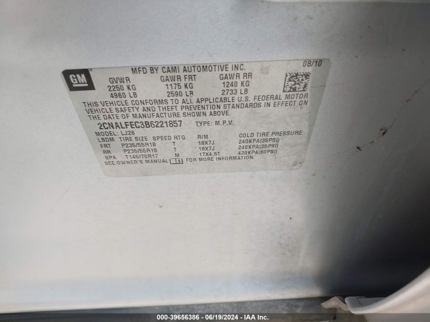 2011 Chevrolet Equinox Ltz VIN: 2CNALFEC3B6221857 Lot: 39656386