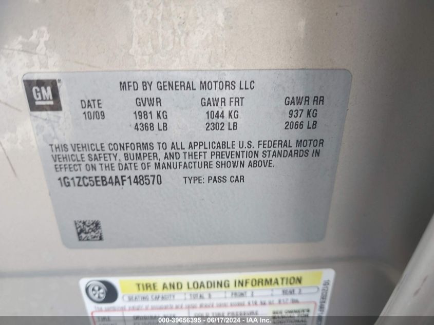 2010 Chevrolet Malibu Lt VIN: 1G1ZC5EB4AF148570 Lot: 39656395