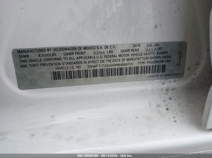 2006 Volkswagen Jetta Diesel VIN: 3VWFT71K66M848655 Lot: 39656398