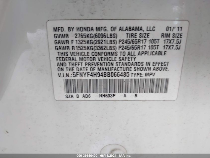 2011 Honda Pilot Touring VIN: 5FNYF4H94BB066485 Lot: 39656400