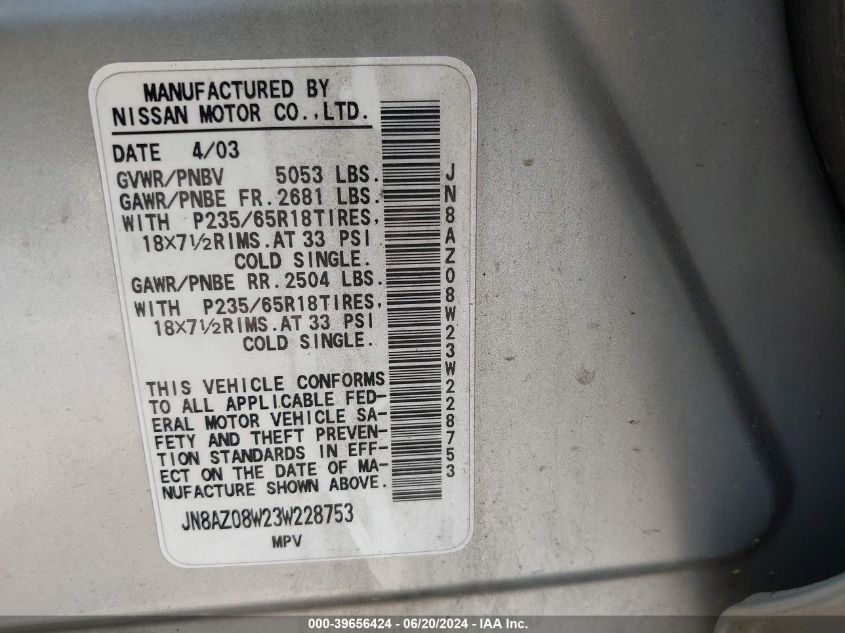 2003 Nissan Murano Se VIN: JN8AZ08W23W228753 Lot: 39656424
