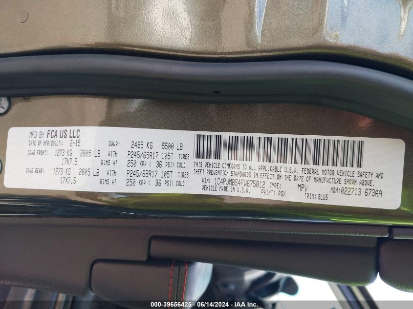 2015 Jeep Cherokee Trailhawk VIN: 1C4PJMBS4FW675812 Lot: 39656425