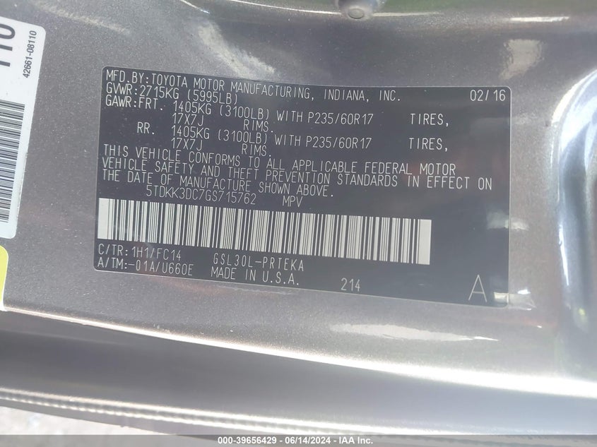 2016 Toyota Sienna Le 8 Passenger VIN: 5TDKK3DC7GS715762 Lot: 39656429