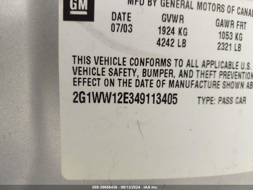 2004 Chevrolet Monte Carlo Ls VIN: 2G1WW12E349113405 Lot: 39656436