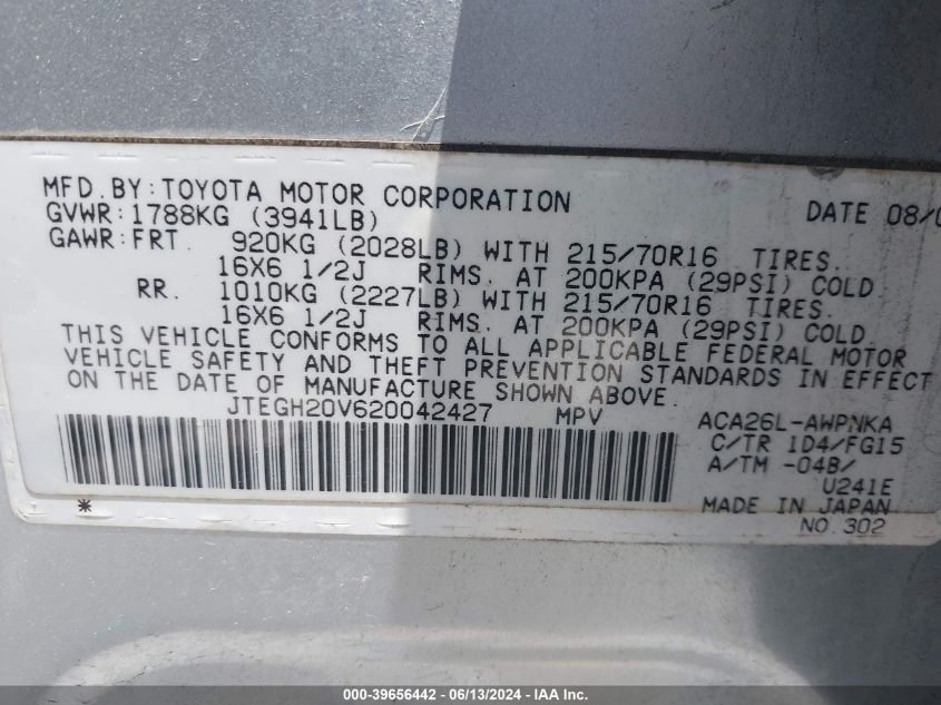 2002 Toyota Rav4 VIN: JTEGH20V620042427 Lot: 39656442