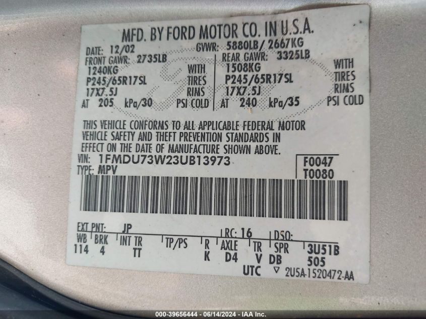 2003 Ford Explorer Nbx/Xlt VIN: 1FMDU73W23UB13973 Lot: 39656444