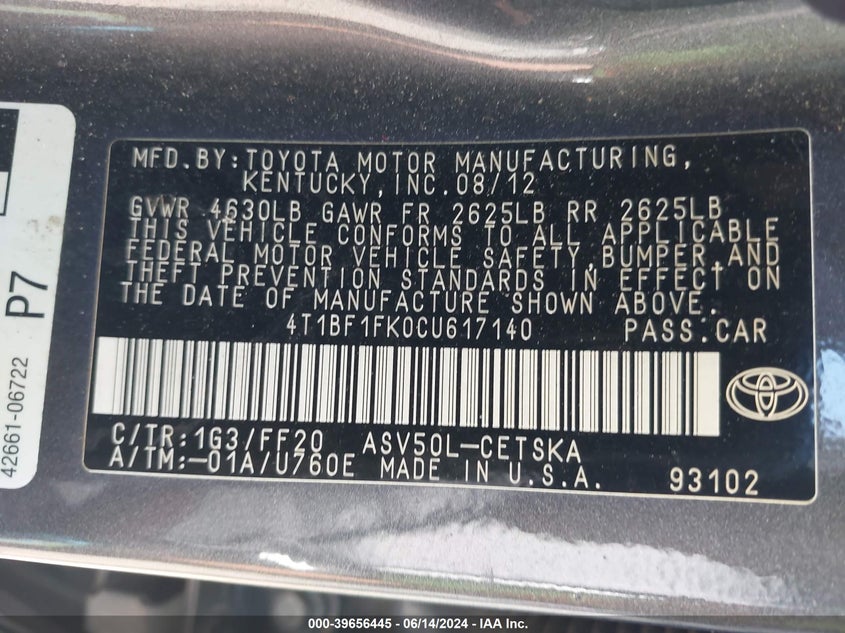 2012 Toyota Camry Se VIN: 4T1BF1FK0CU617140 Lot: 39656445