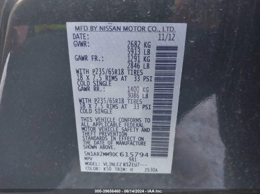 2013 Nissan Pathfinder Sv VIN: 5N1AR2MM9DC615794 Lot: 39656460