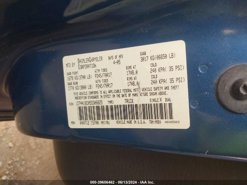 2005 Dodge Ram 1500 Slt/Laramie VIN: 1D7HA18D05S306825 Lot: 39656462