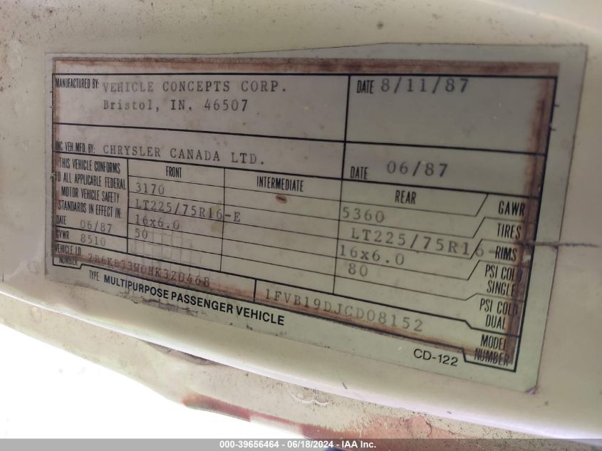 1987 Dodge Ram Van B350 VIN: 2B6KB33W0HK320468 Lot: 39656464