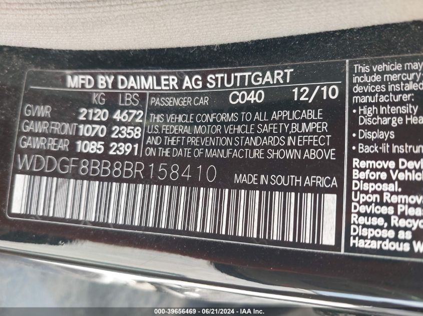 2011 Mercedes-Benz C 300 Luxury 4Matic/Sport 4Matic VIN: WDDGF8BB8BR158410 Lot: 39656469