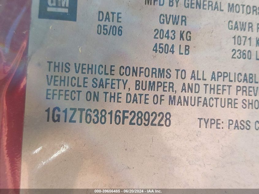 2006 Chevrolet Malibu Maxx Lt VIN: 1G1ZT63816F289228 Lot: 39656485