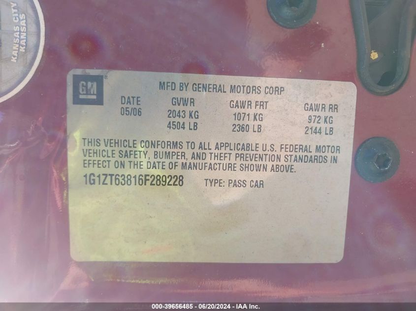 2006 Chevrolet Malibu Maxx Lt VIN: 1G1ZT63816F289228 Lot: 39656485