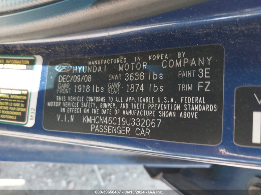 2009 Hyundai Accent Gls VIN: KMHCN46C19U332067 Lot: 39656487