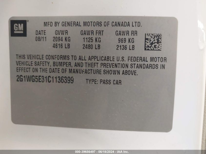 2012 Chevrolet Impala Lt VIN: 2G1WG5E31C1136399 Lot: 39656497