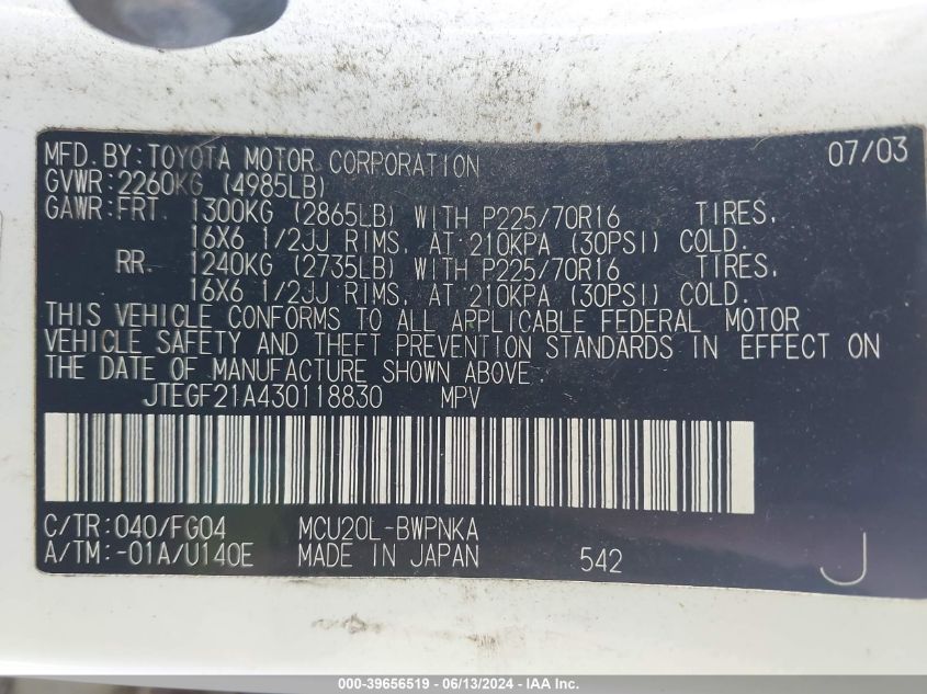 2003 Toyota Highlander V6 VIN: JTEGF21A430118830 Lot: 39656519