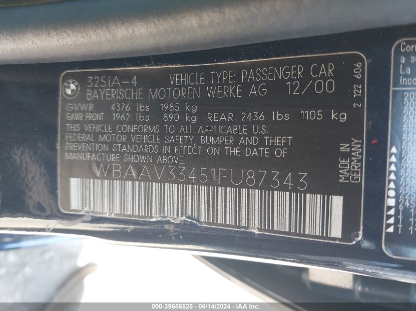 2001 BMW 325I VIN: WBAAV33451FU87343 Lot: 39656525