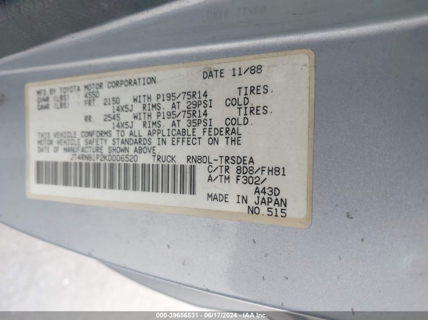 1989 Toyota Pickup 1/2 Ton Sht Wheelbase Dlx VIN: JT4RN81P2K0006520 Lot: 39656531