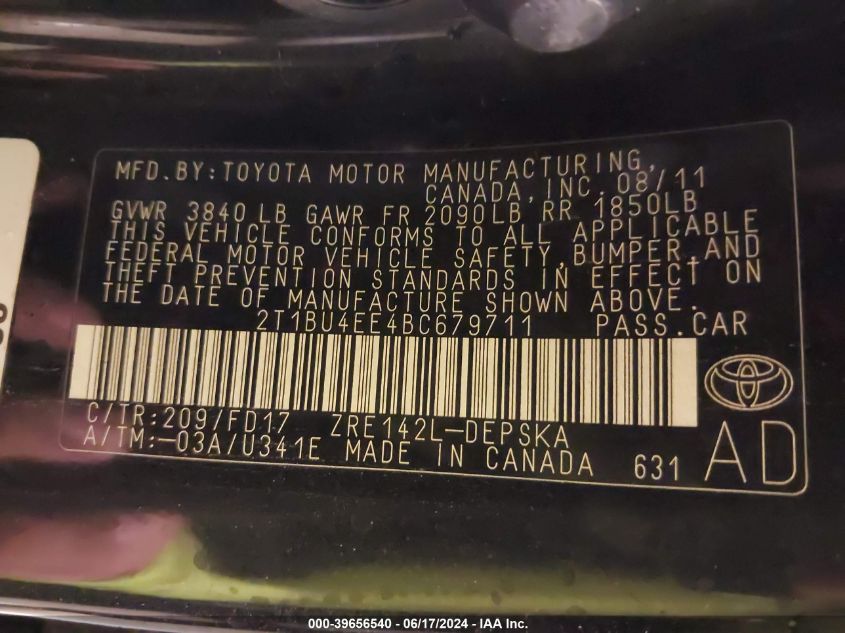 2011 Toyota Corolla S VIN: 2T1BU4EE4BC679711 Lot: 39656540