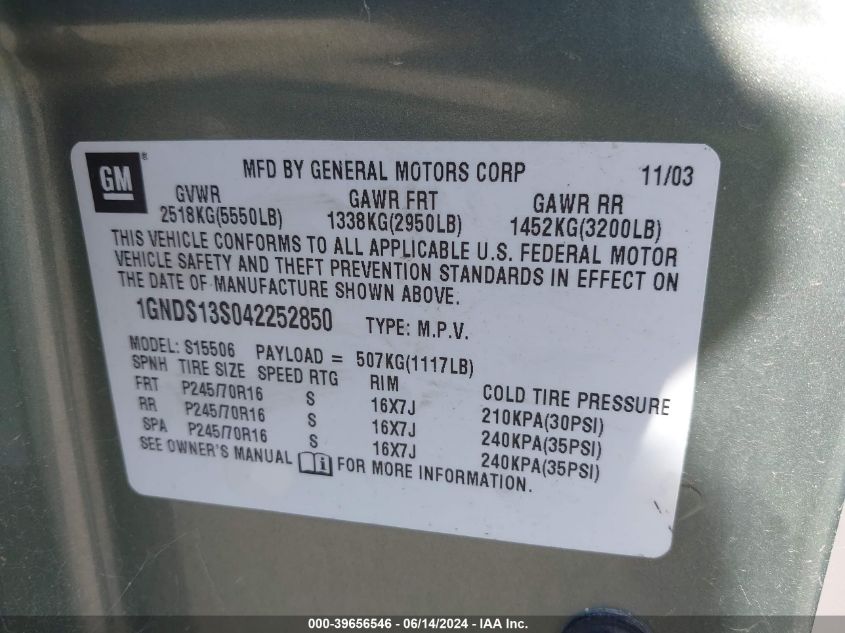 2004 Chevrolet Trailblazer Ls VIN: 1GNDS13S042252850 Lot: 39656546