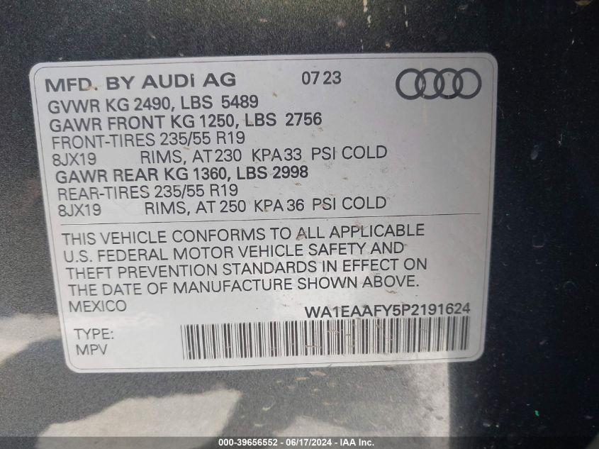 2023 Audi Q5 Premium Plus 45 Tfsi S Line Quattro VIN: WA1EAAFY5P2191624 Lot: 39656552