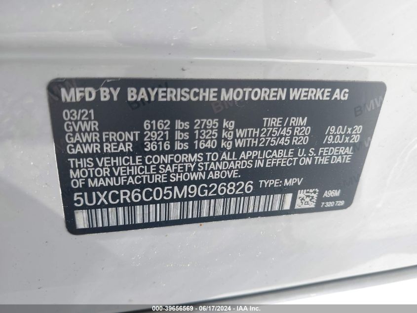 2021 BMW X5 xDrive40I VIN: 5UXCR6C05M9G26826 Lot: 39656569