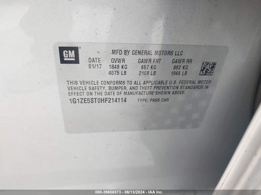 2017 Chevrolet Malibu 1Lt VIN: 1G1ZE5ST0HF214114 Lot: 39656573