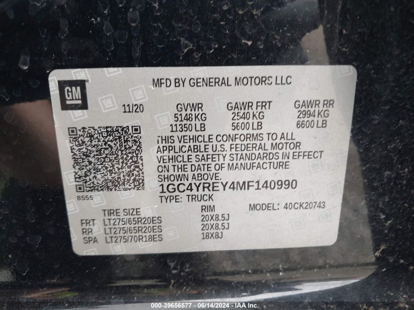 2021 Chevrolet Silverado 2500Hd 4Wd Standard Bed High Country VIN: 1GC4YREY4MF140990 Lot: 39656577