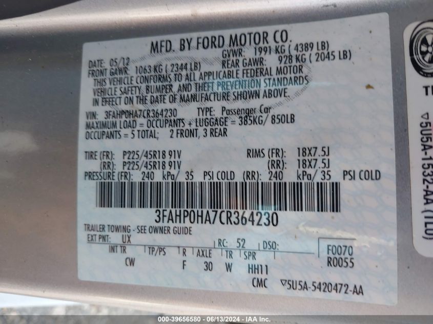 2012 Ford Fusion Se VIN: 3FAHP0HA7CR364230 Lot: 39656580