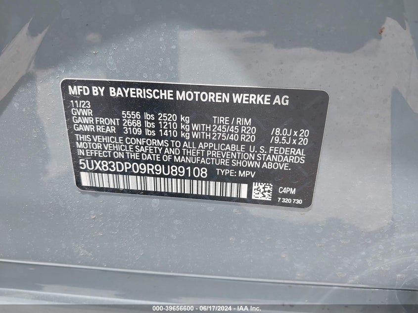 2024 BMW X3 M40I VIN: 5UX83DP09R9U89108 Lot: 39656600